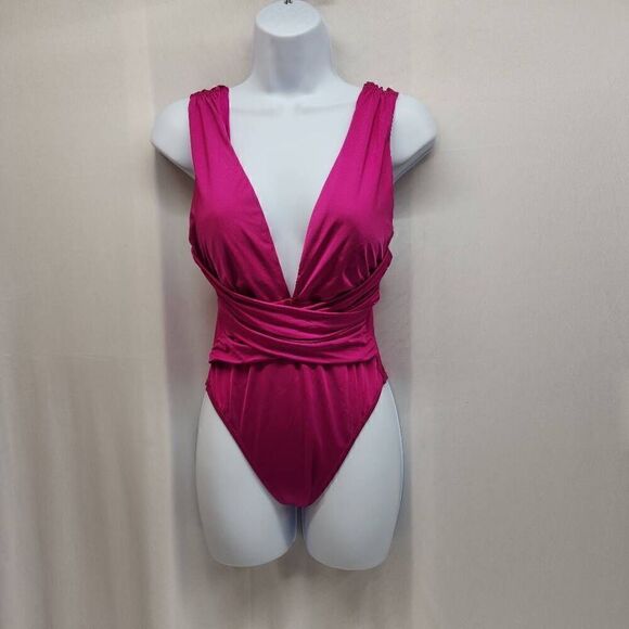 Trina Turk Size 6 Standard Getaway Hot Pink Wrap Front Swimsuit - Picture 1 of 8